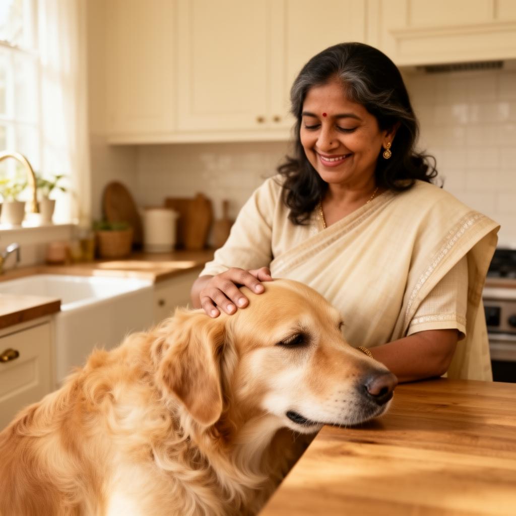 Pawpoy's founder, a dietitian, gently resting her hand on a calm golden retriever in a warm home kitchen